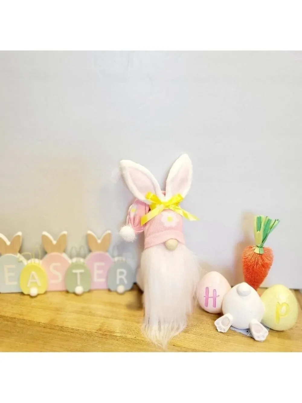 Pink Easter Bunny Gnome with Yellow Bow Decor 11 Inch